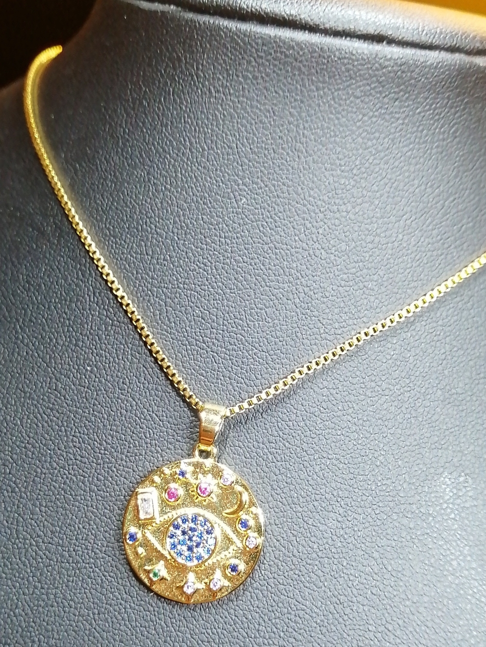 Gorgeous Multicolor Crystals Evil Eye Protection Pendant On Box Chain Necklace